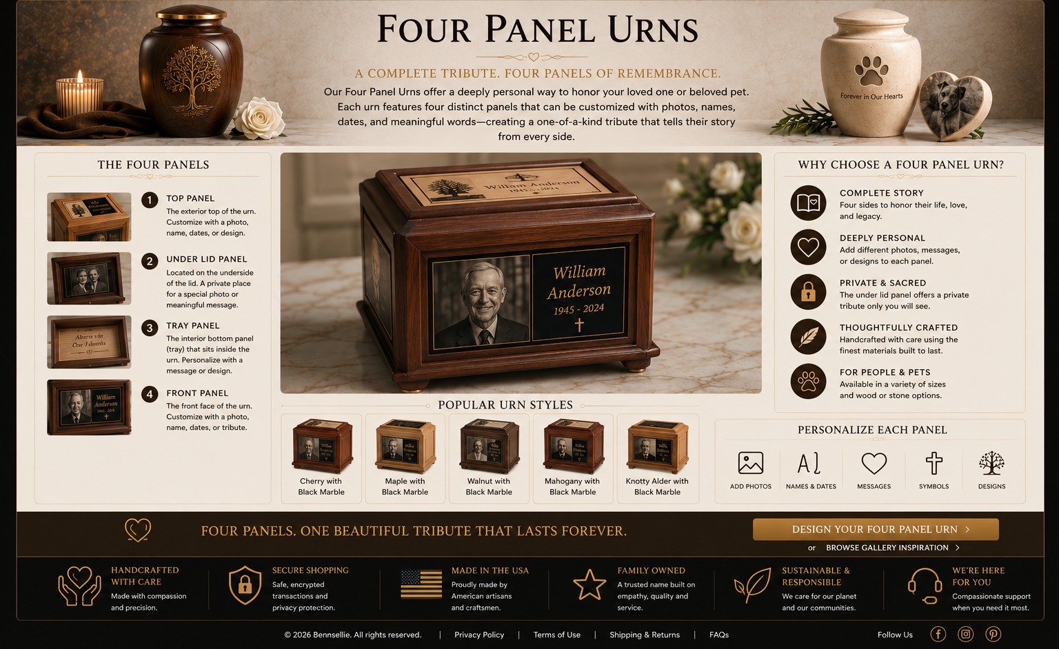 Bennsellie Four Panel Urns page featuring the William Anderson memorial urn, four distinct customizable panels, popular wood finishes, and personalization options.